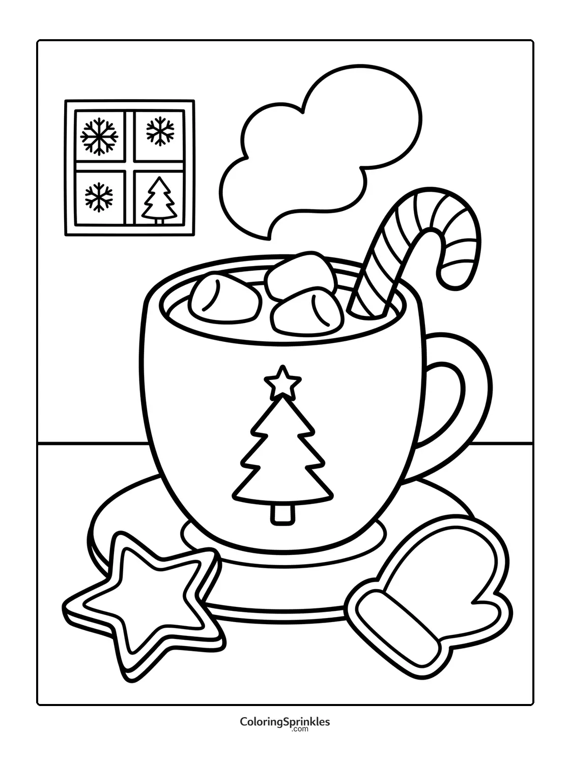 Coloring page of a Christmas hot chocolate cup with candy cane and cookies