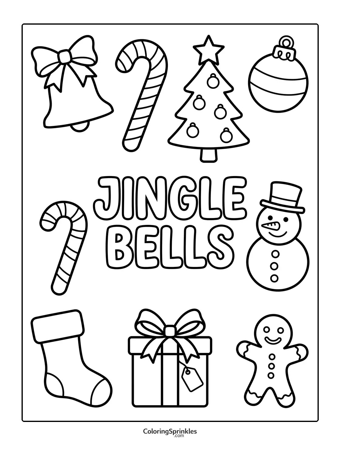 Coloring page of Christmas icons with jingle bells text