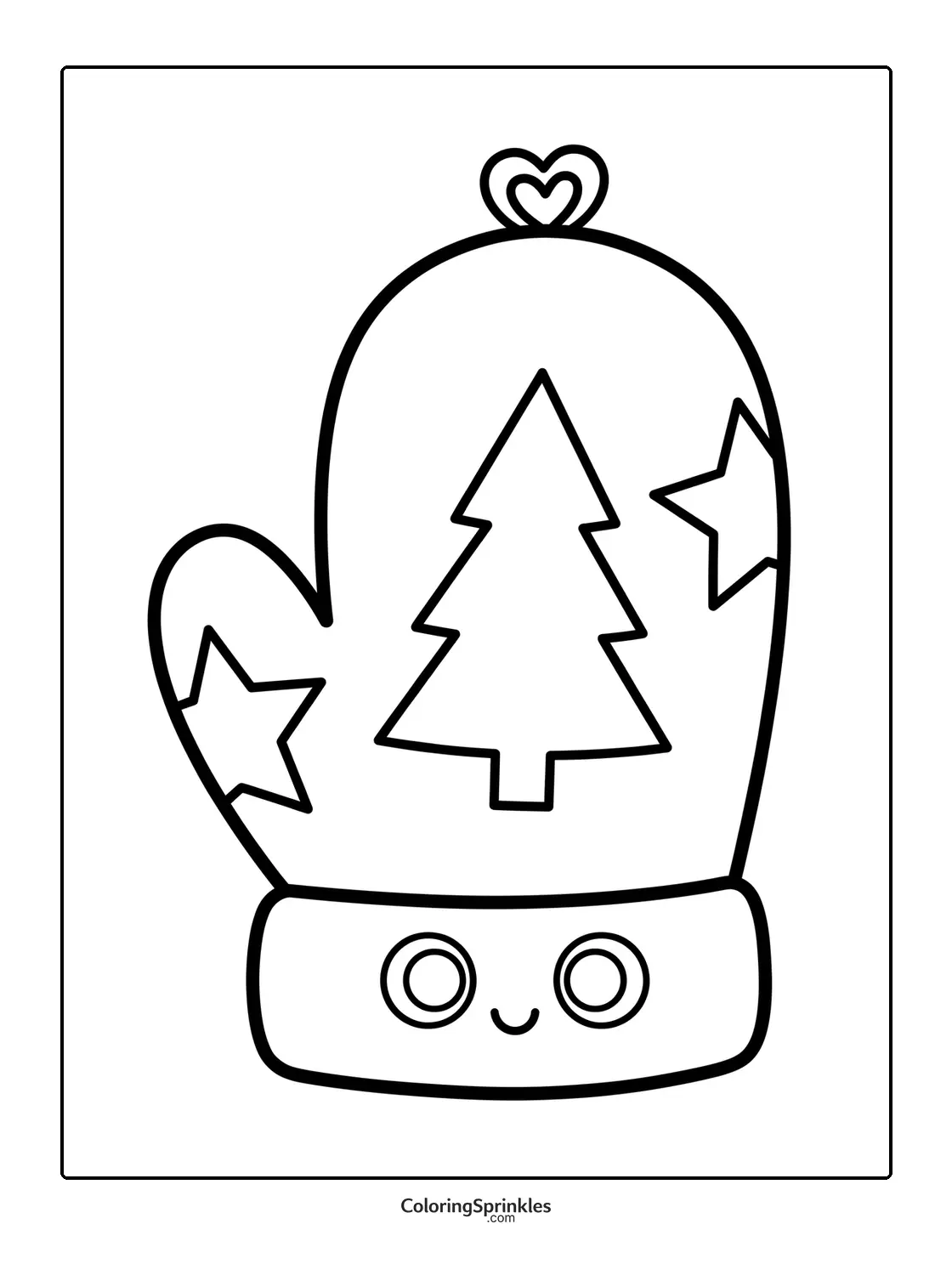 Coloring page of a Christmas mitten with a tree and stars smiling