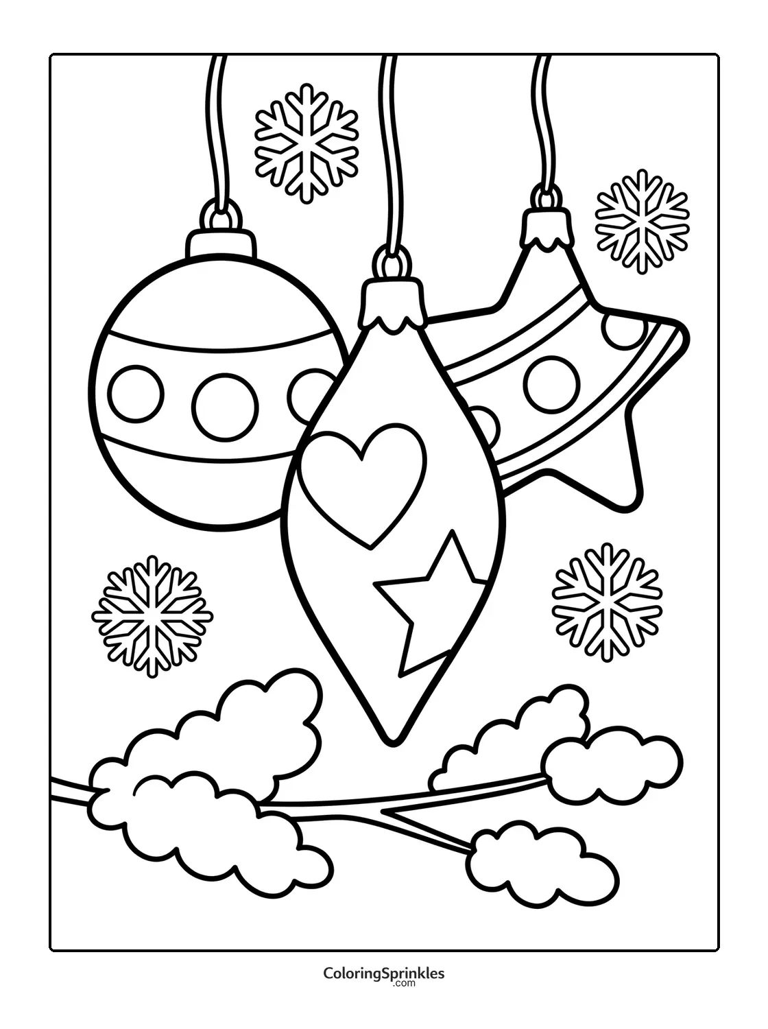 Coloring page of Christmas ornaments hanging with snowflakes and branches