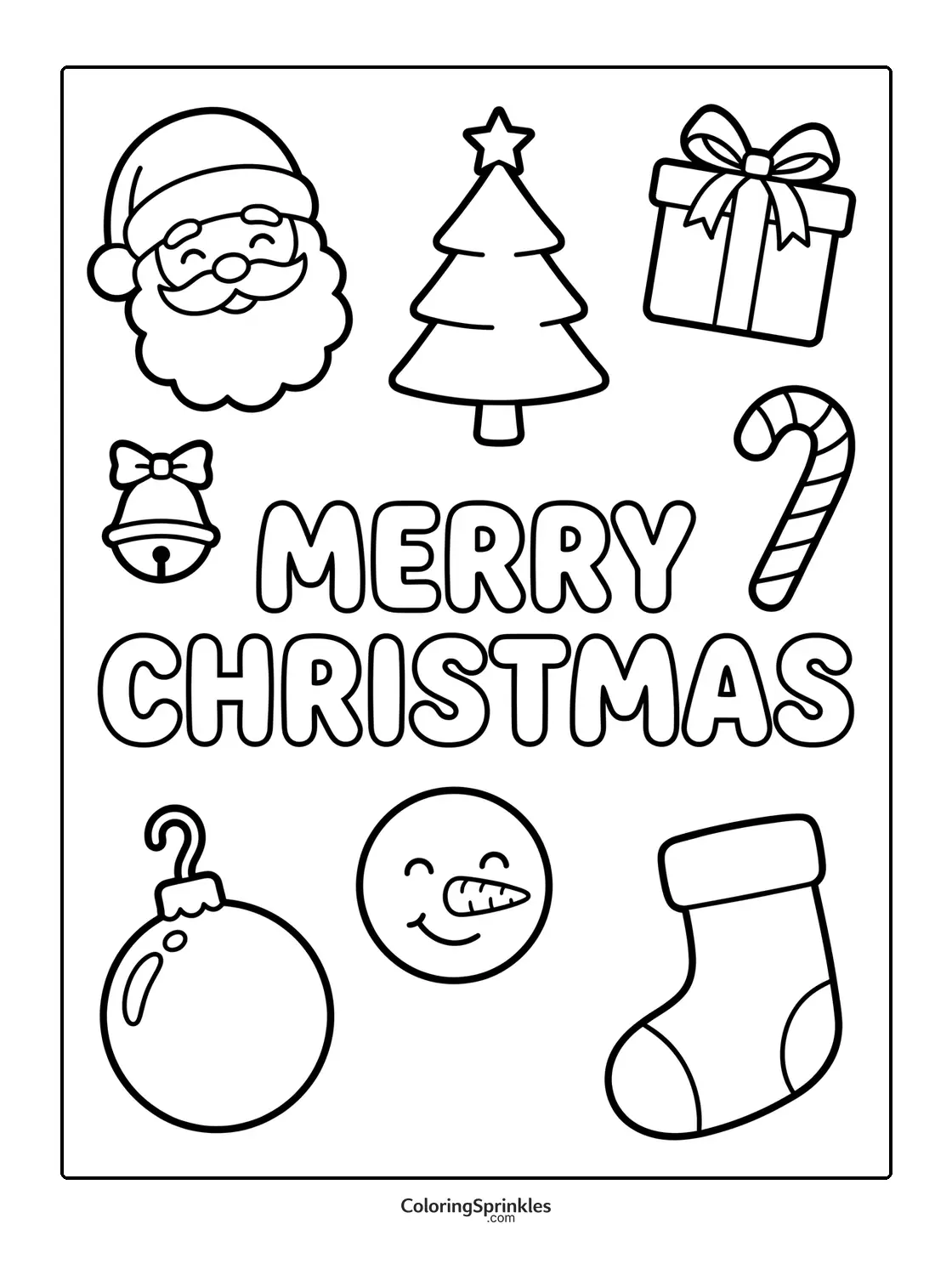 Coloring page of Christmas icons including Santa, tree, gift, candy cane, sock, snowman, bell, and ornament