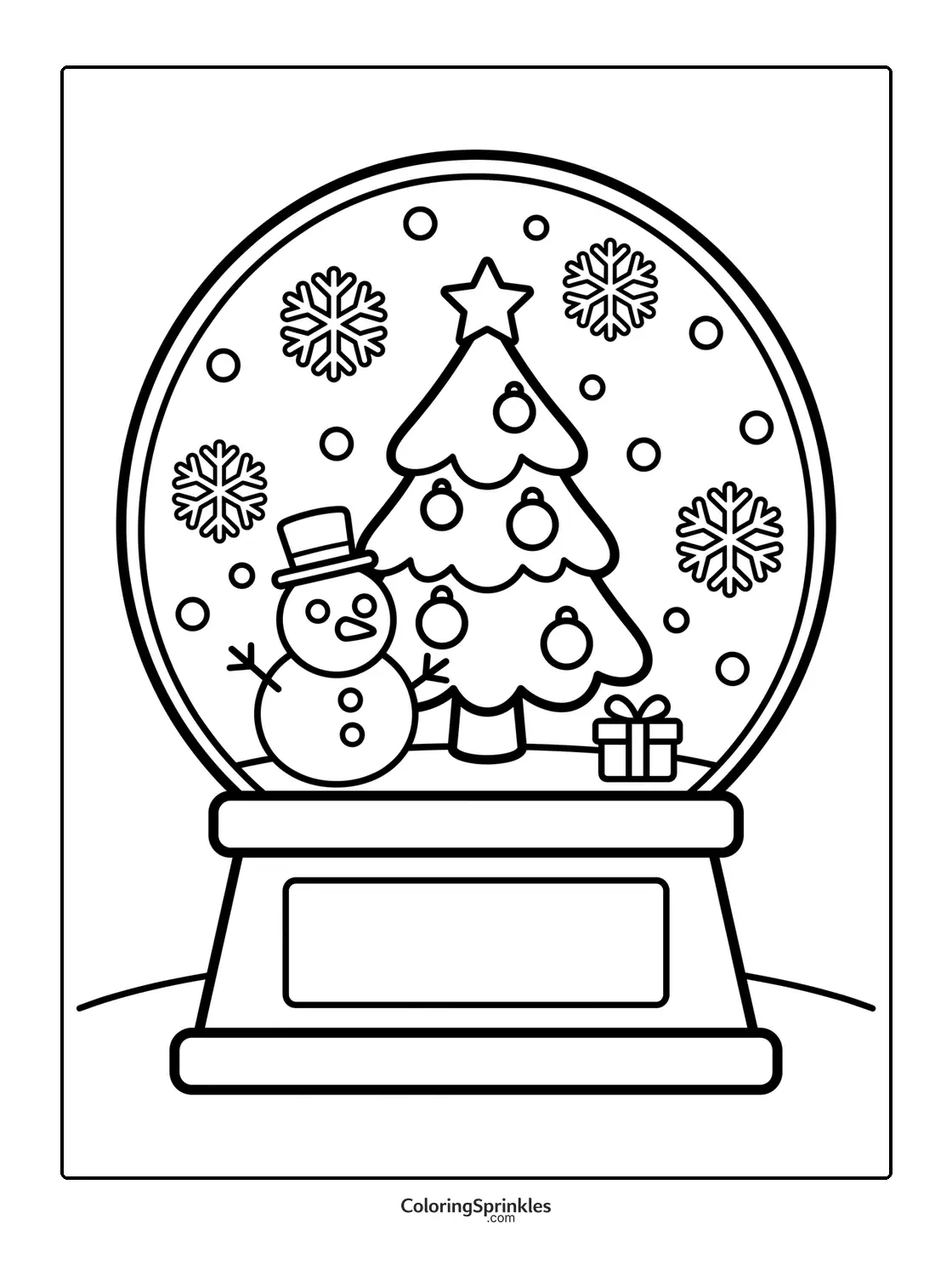 Coloring page of a Christmas snow globe with a snowman, decorated tree, and gift
