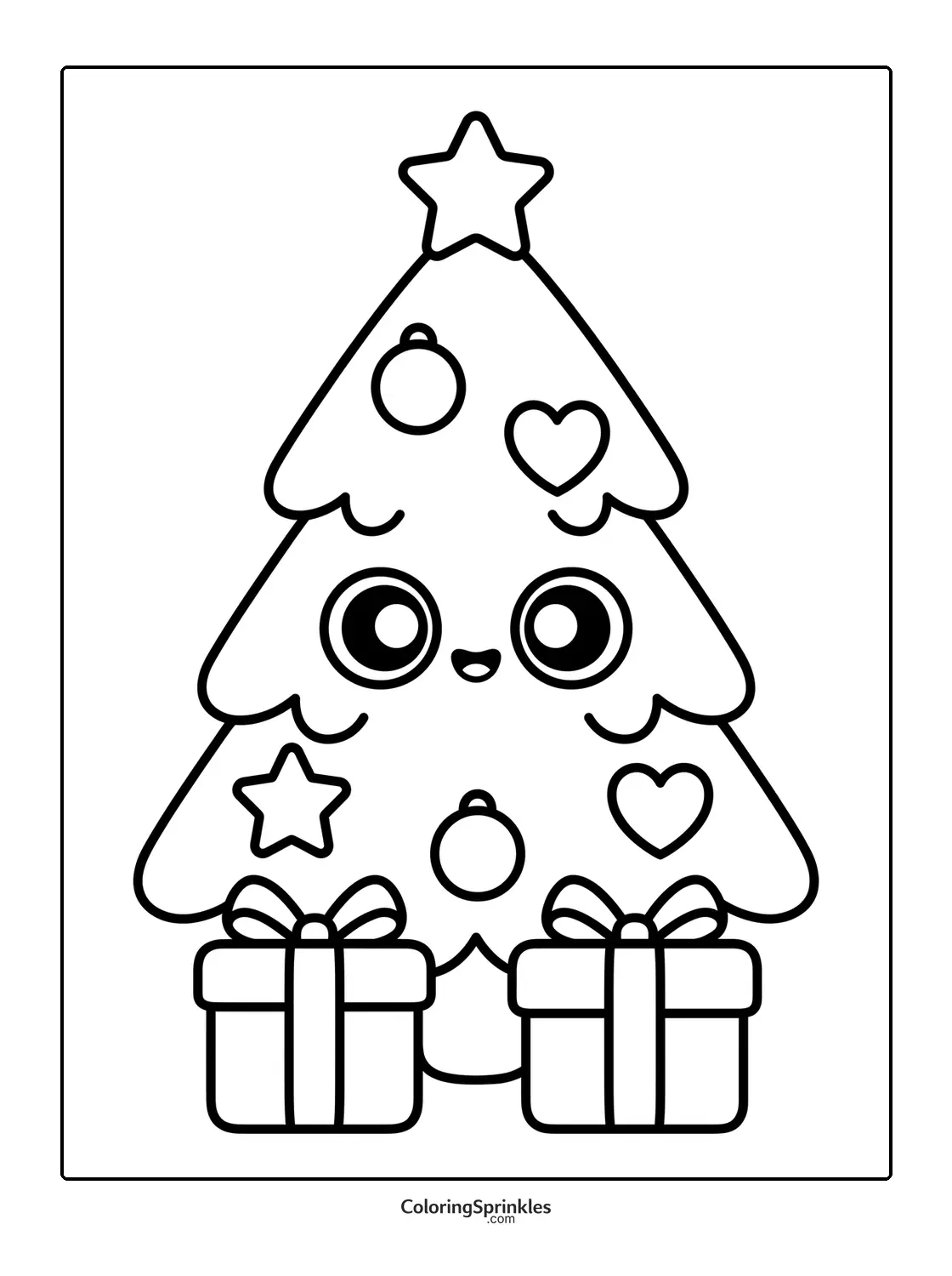 Coloring page of a Christmas tree with a cute face and gifts