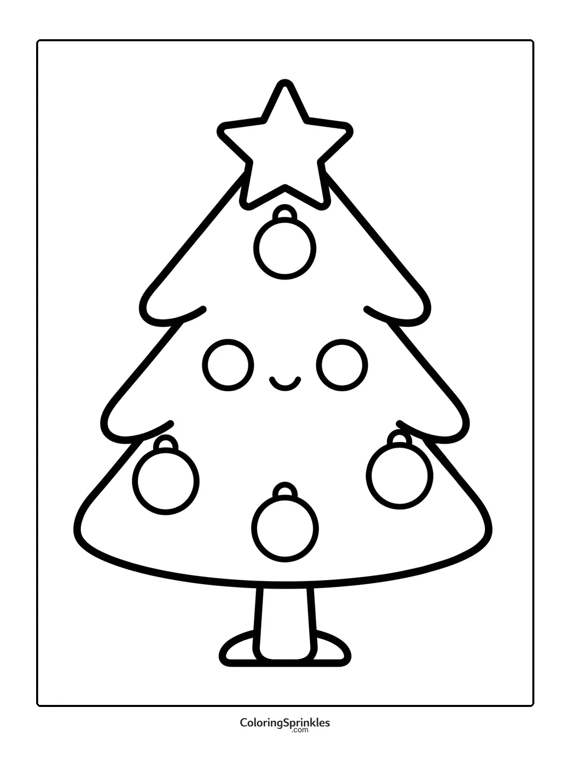 Coloring page of a Christmas tree with a cute face, ornaments, and a star on top