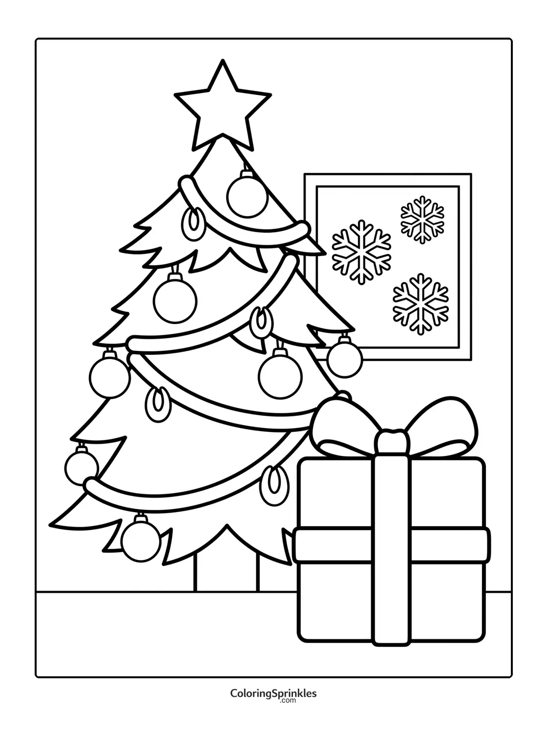 Coloring page of a decorated Christmas tree with a gift and snowflakes on a window