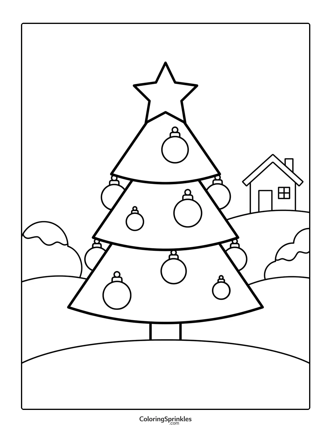 Coloring page of a Christmas tree with a star and ornaments on a hill with a house