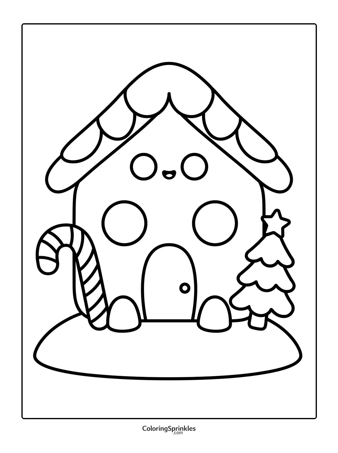 Coloring page of a gingerbread house with a candy cane and Christmas tree