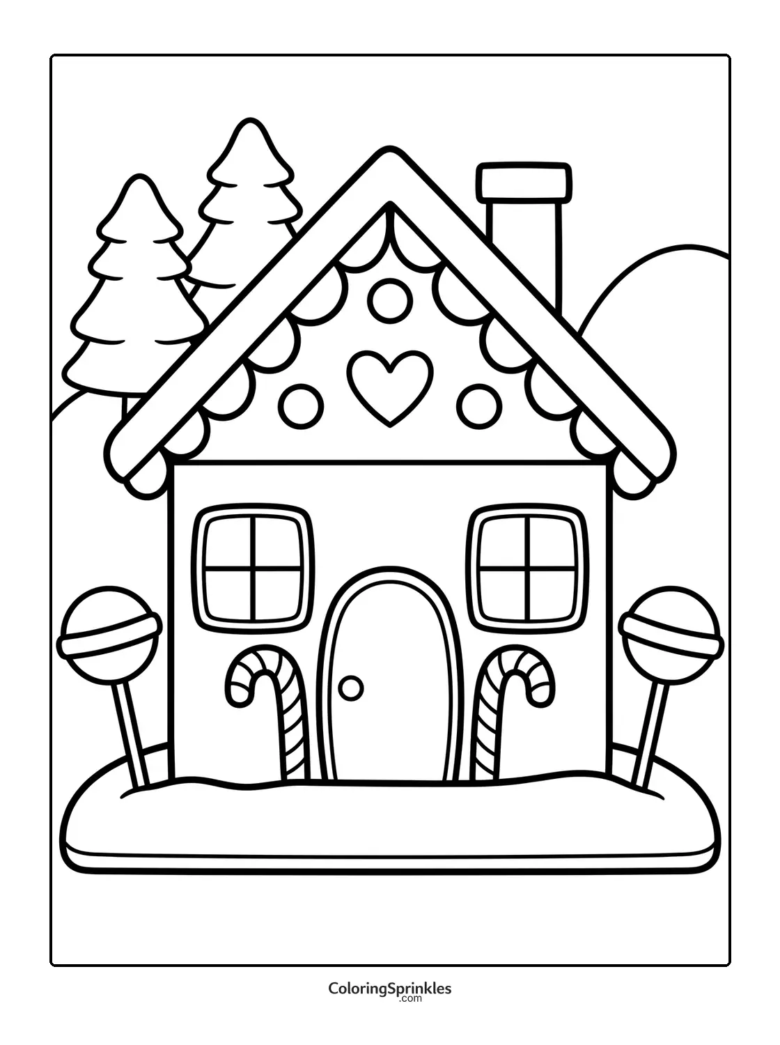 Coloring page of a gingerbread house with candy canes and lollipops