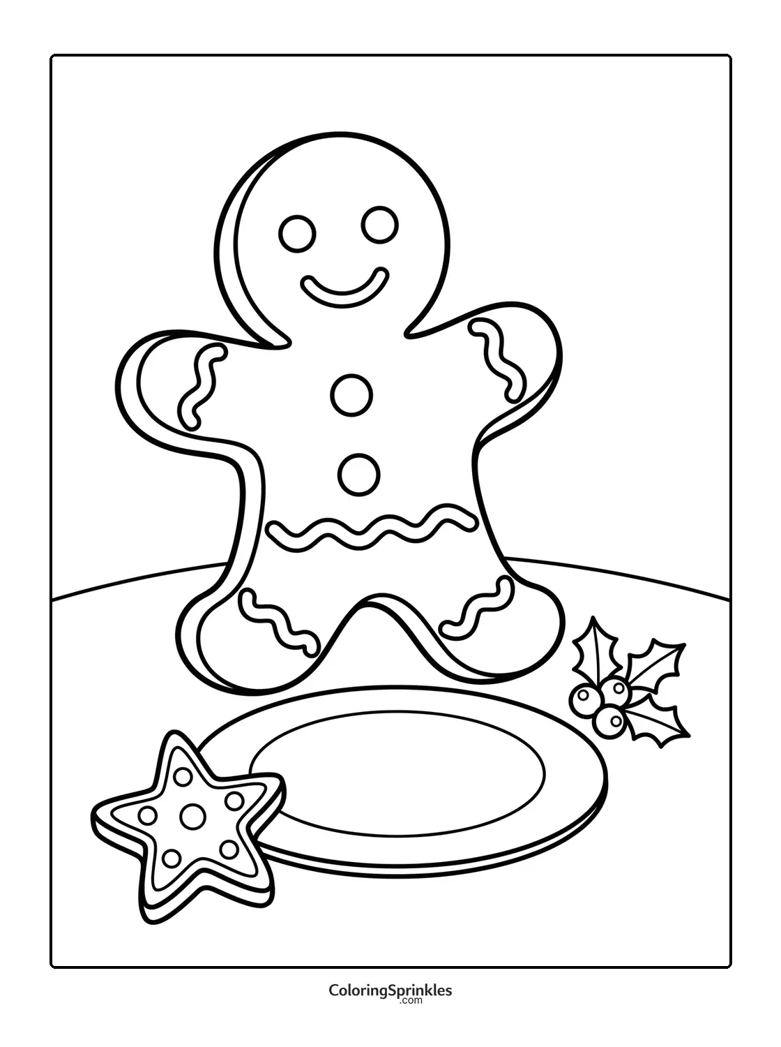Coloring page of a gingerbread man with a star cookie and holly