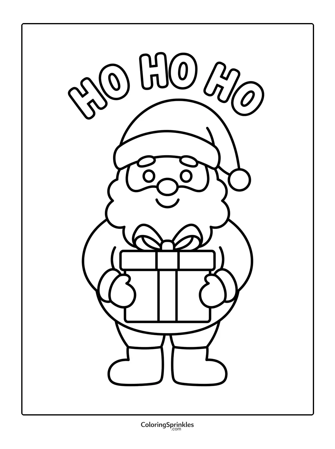 Coloring page of Santa Claus holding a gift with ho ho ho text