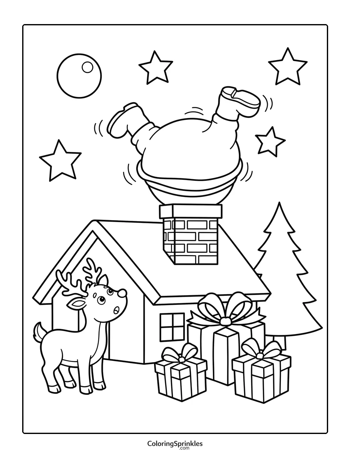 Coloring page of Santa stuck upside down in a chimney with a reindeer and gifts