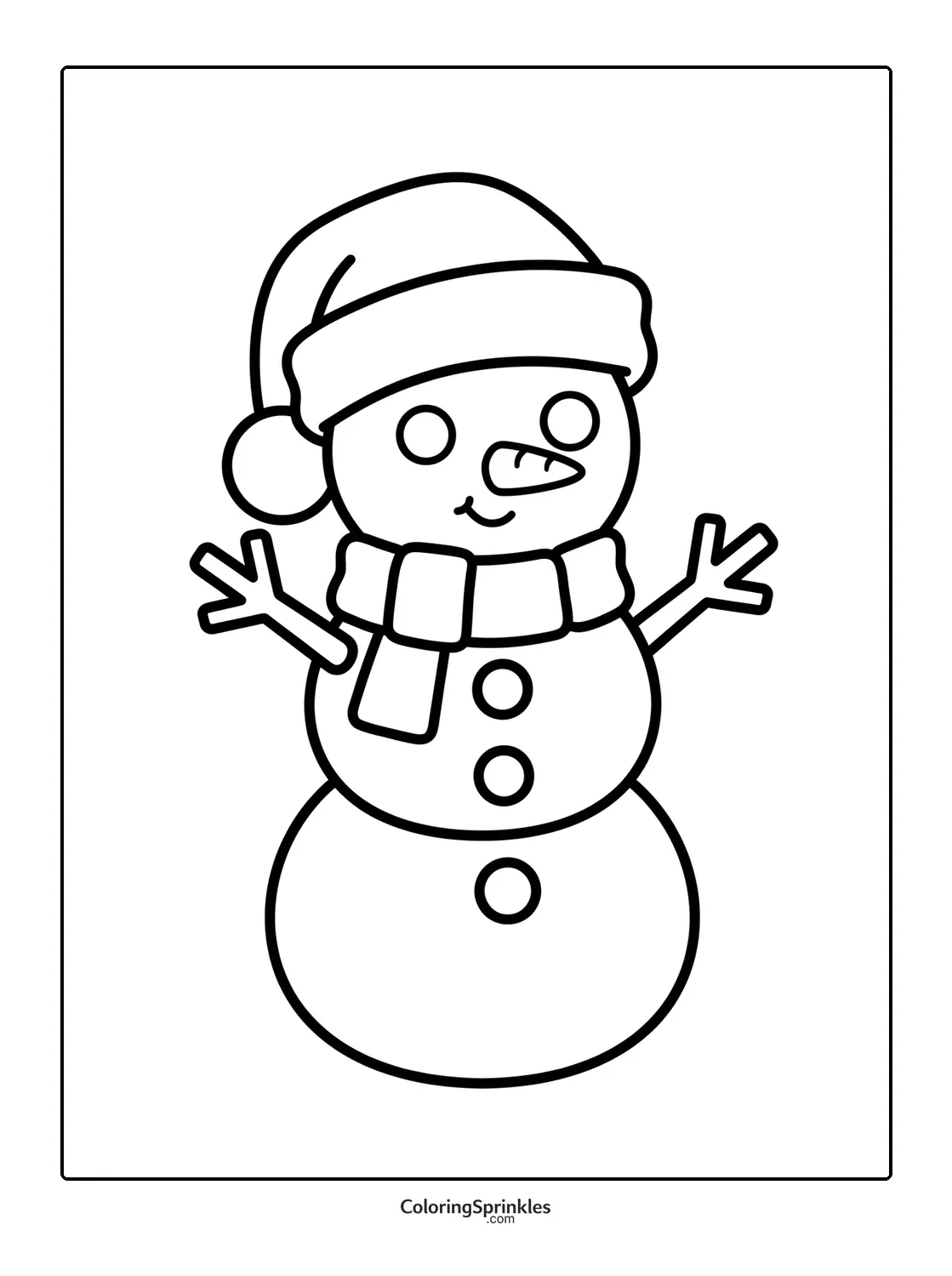 Coloring page of a snowman wearing a hat and scarf