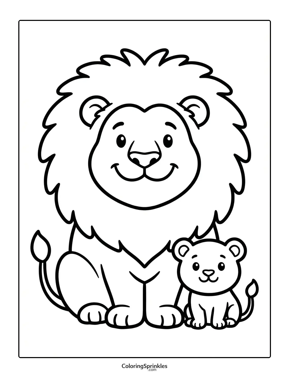 Coloring page of a smiling lion and lion cub sitting together