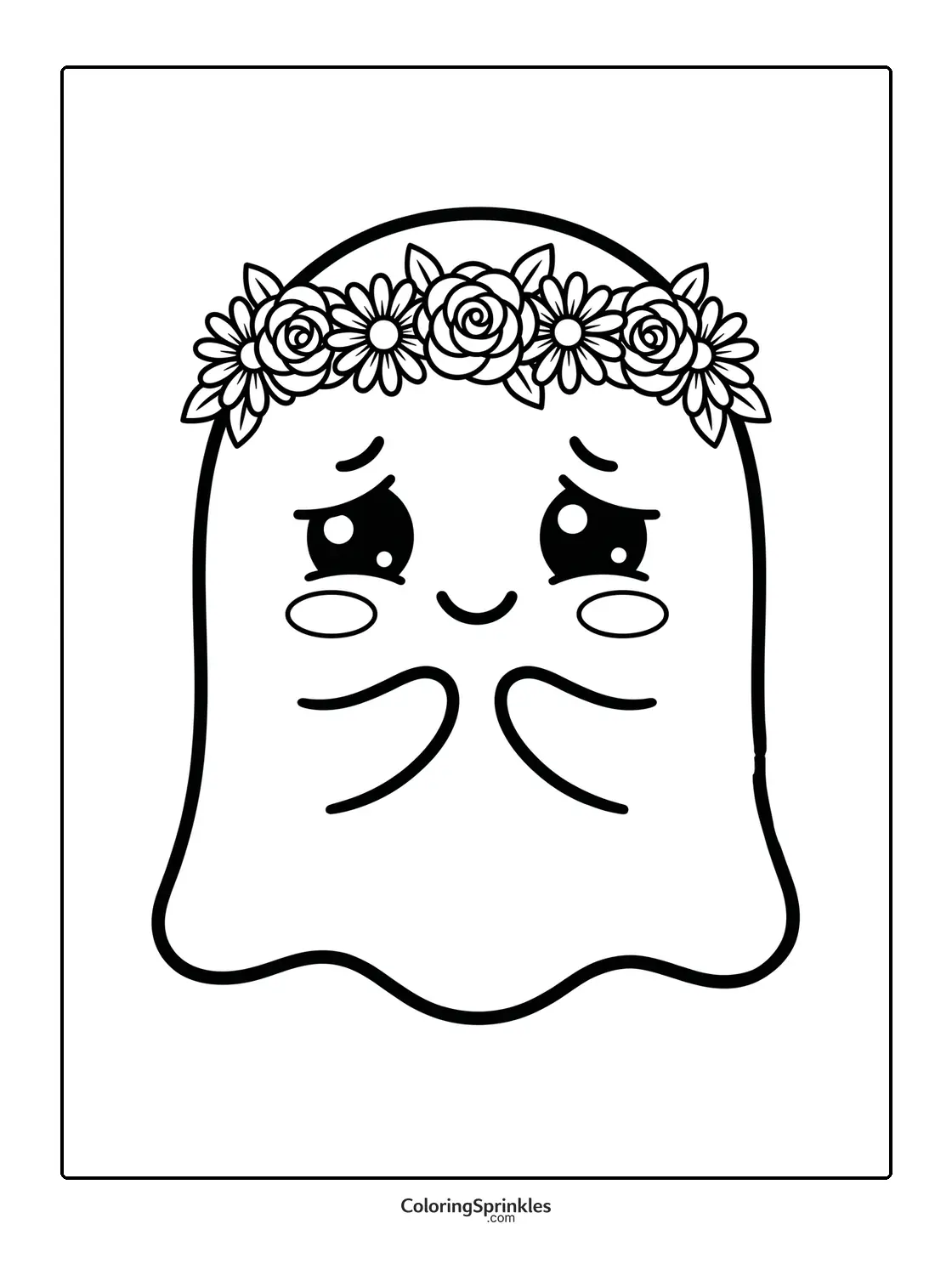 Coloring page of a cute shy ghost wearing a flower crown