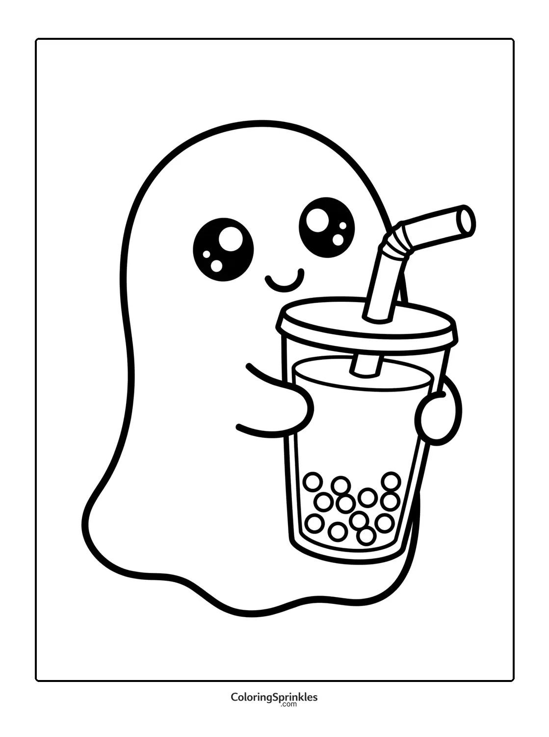 Coloring page of a cute ghost holding a bubble tea cup