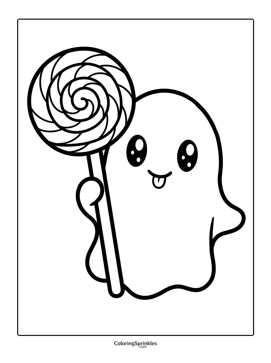 Coloring page of a cute ghost holding a large lollipop