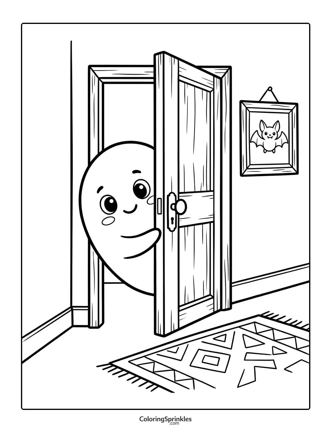 Coloring page of a cute ghost peeking from behind a door with a bat picture on the wall