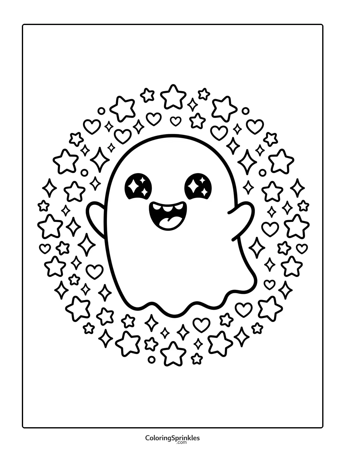 Coloring page of a cute smiling ghost surrounded by stars and hearts