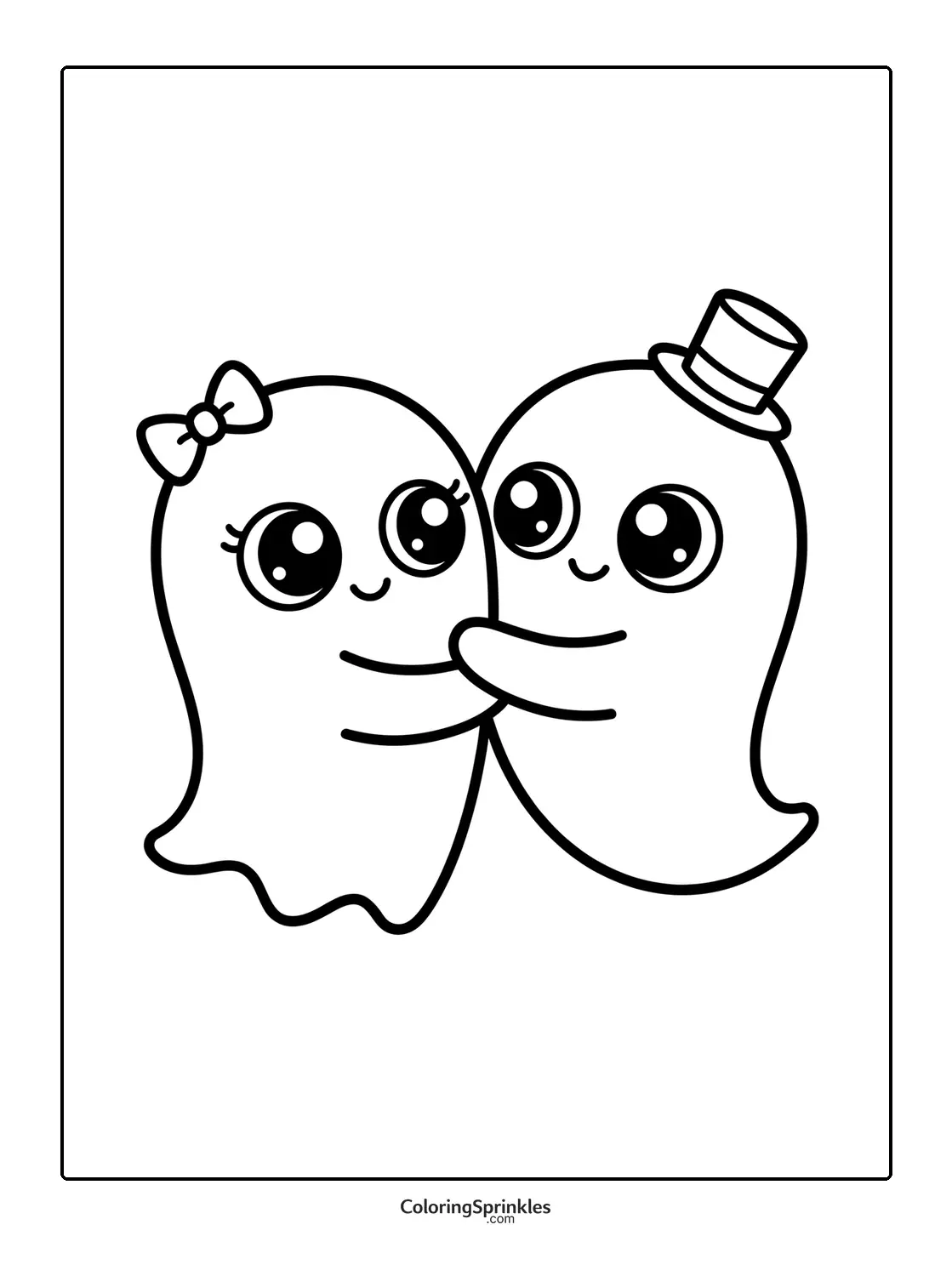 Coloring page of two cute ghosts hugging with a bow and top hat