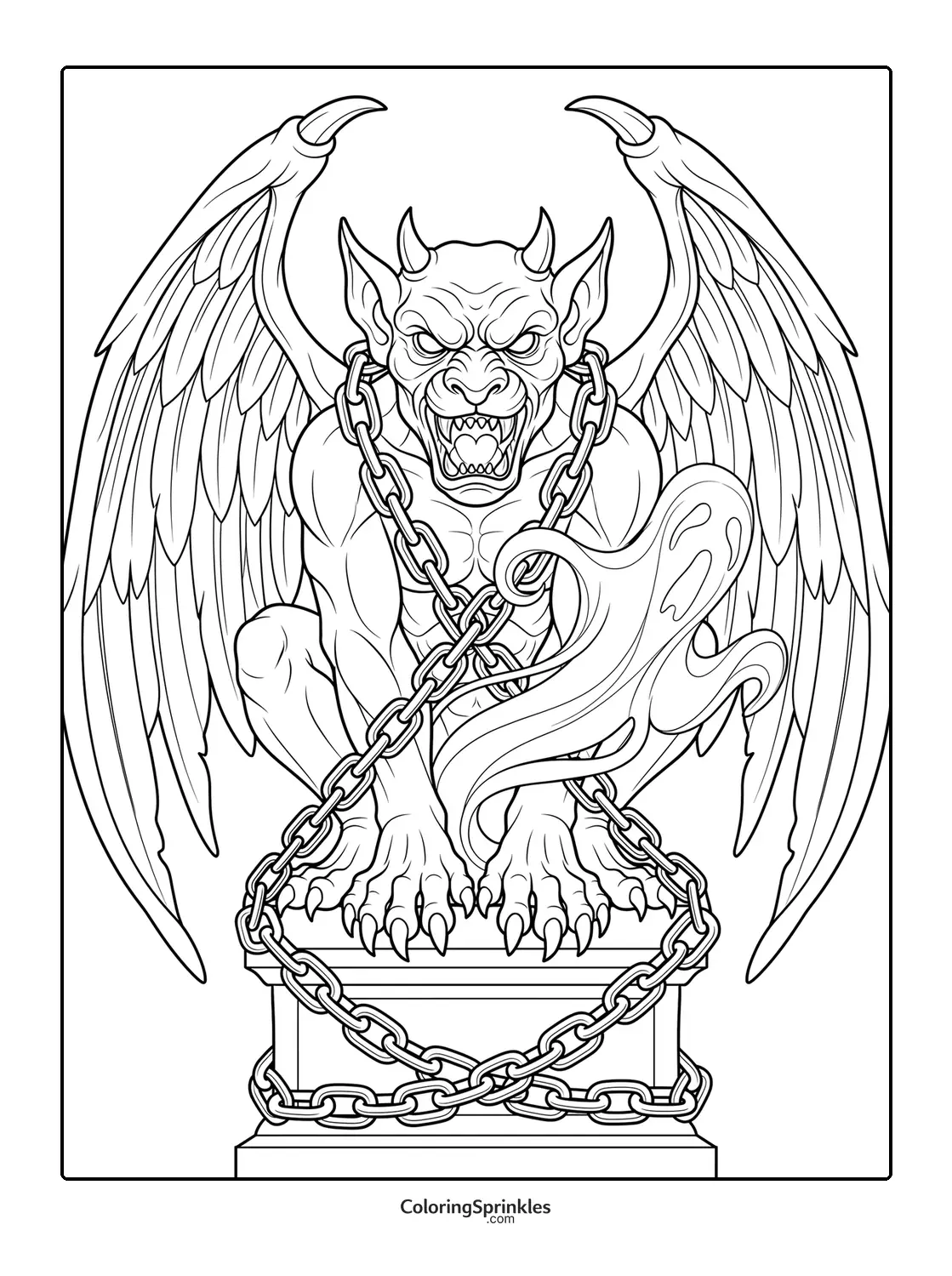 Coloring page of a winged gargoyle demon chained on a pedestal