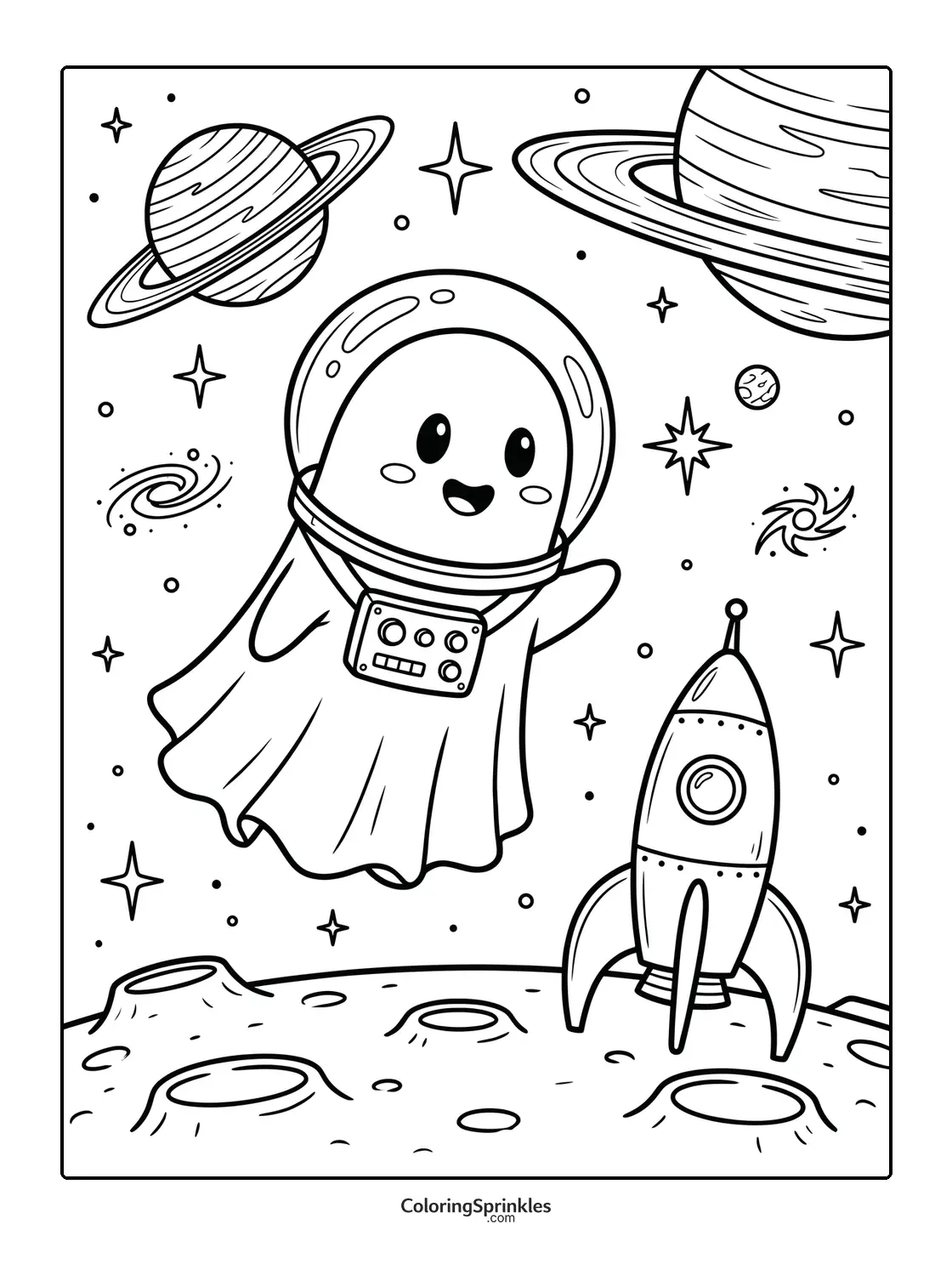 Coloring page of a ghost astronaut floating in space near a rocket and the moon