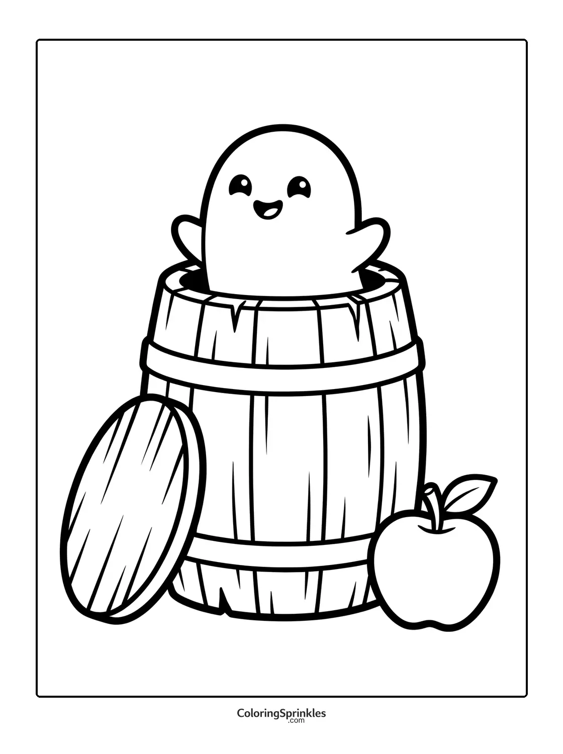 Coloring page of a happy ghost popping out of a wooden barrel with an apple