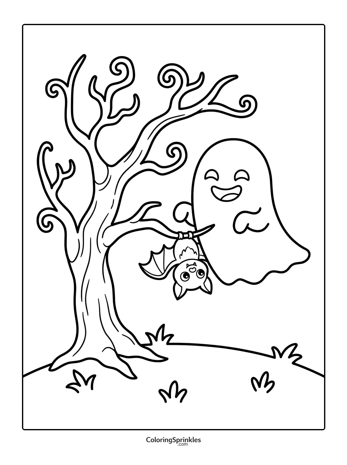 Coloring page of a happy ghost holding a bat hanging from a tree branch