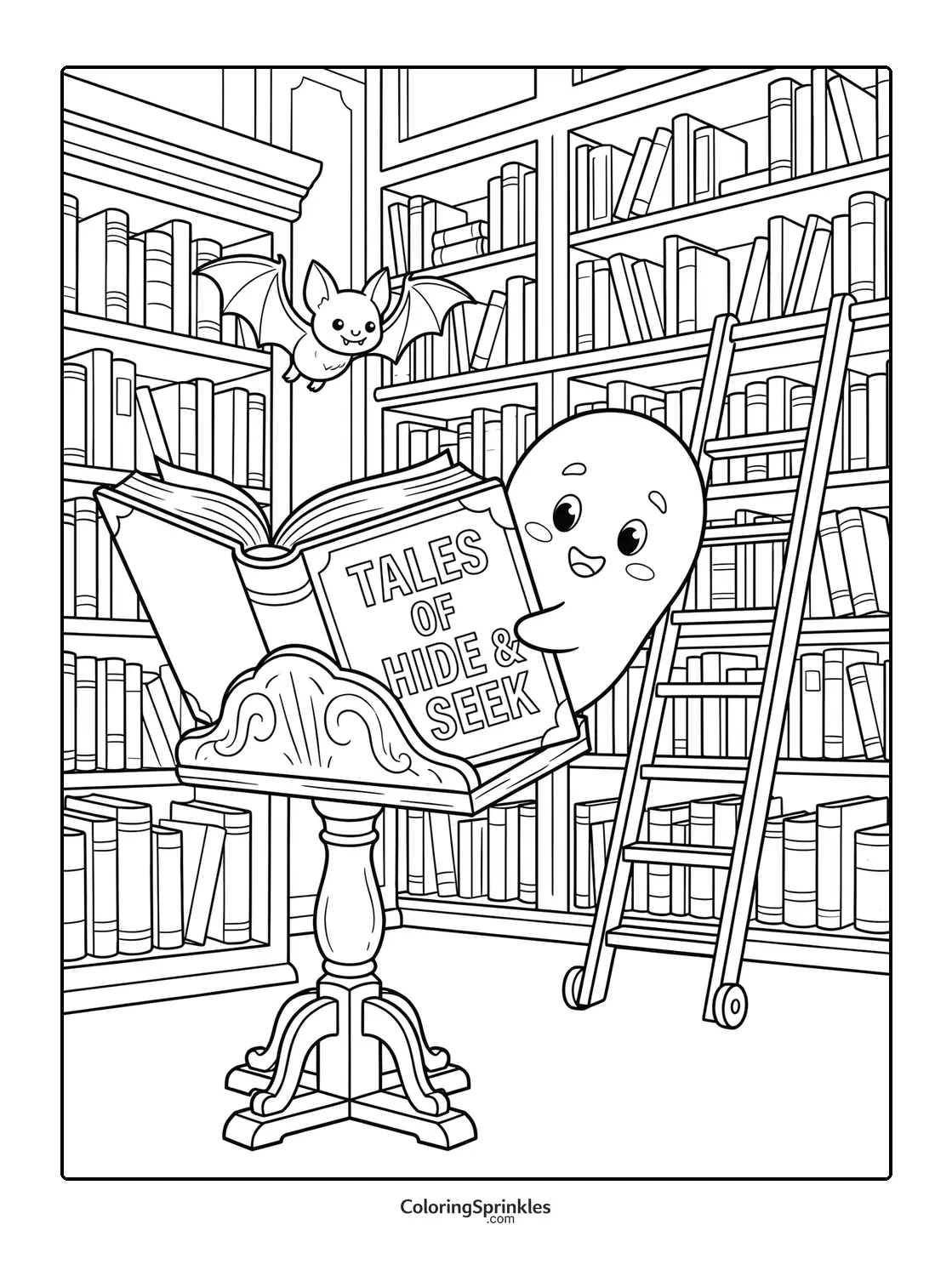 Coloring page of a ghost and a bat in a library with a book stand