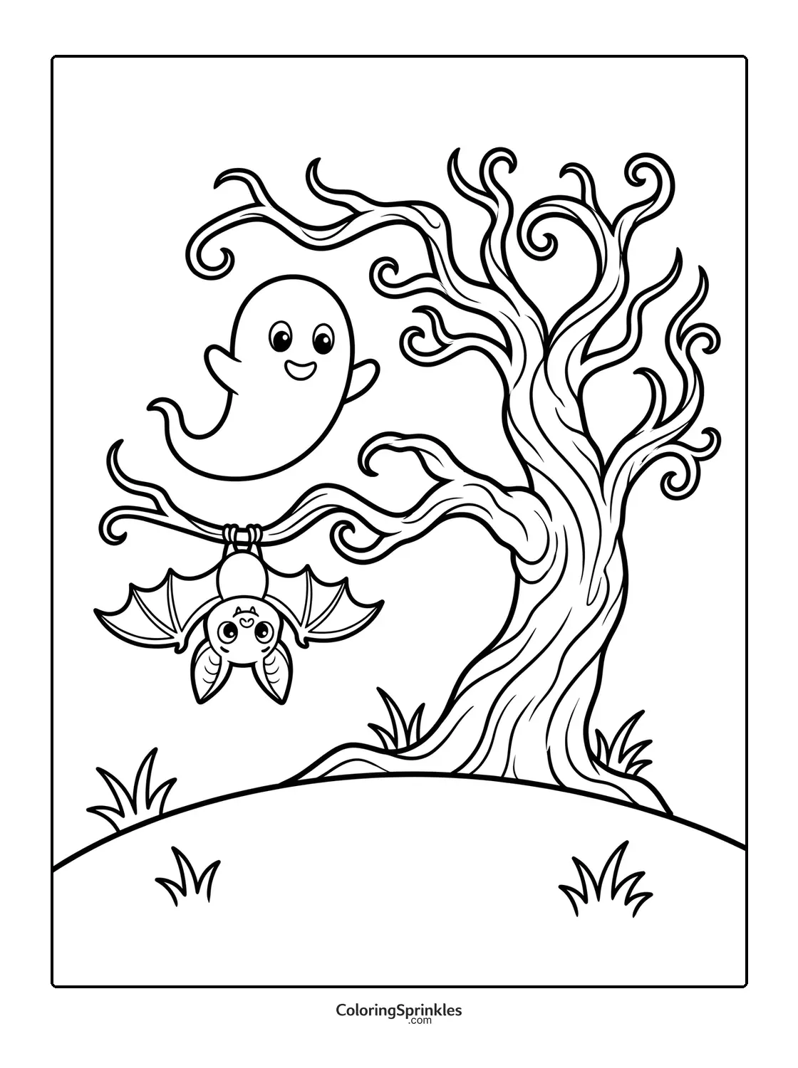 Coloring page of a happy ghost and a bat on a tree hill