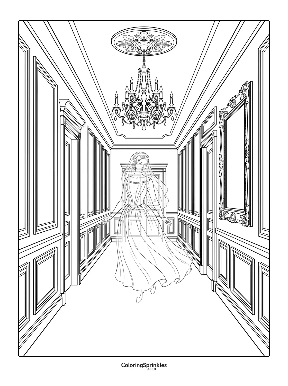 Coloring page of a ghost bride floating in a hallway with a chandelier and mirror