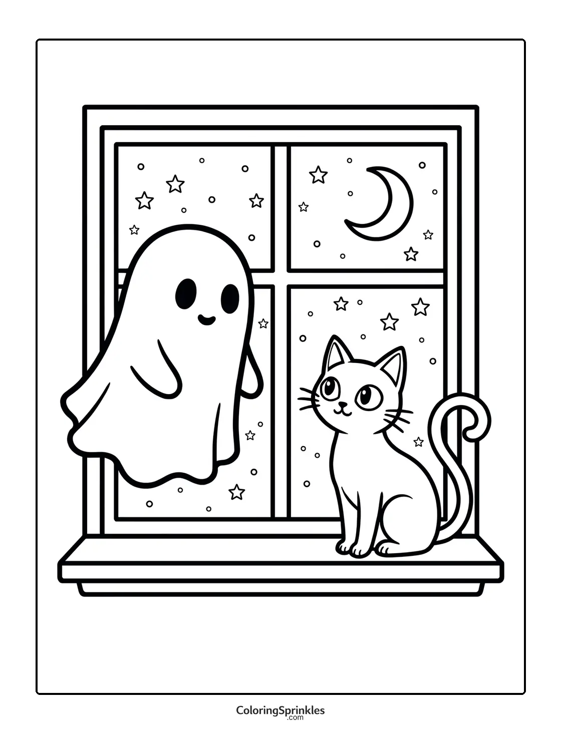 Coloring page of a ghost and a cat by a window at night with stars and a crescent moon