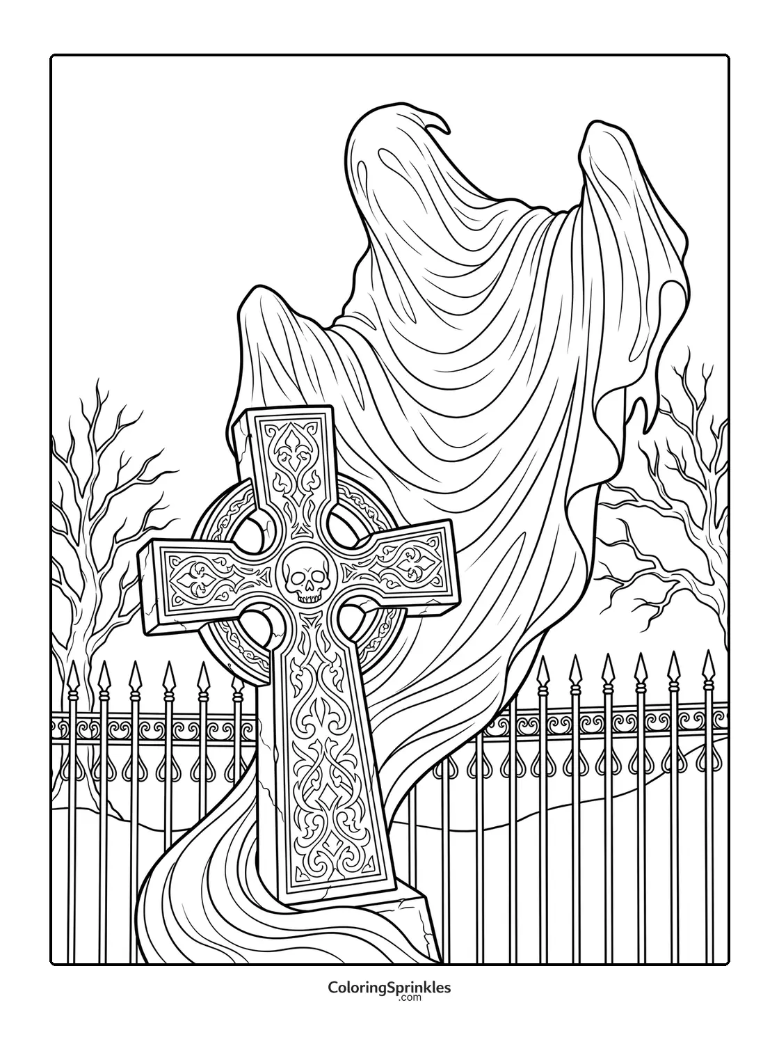 Coloring page of a ghost floating behind an ornate cross in a cemetery with a fence and bare trees