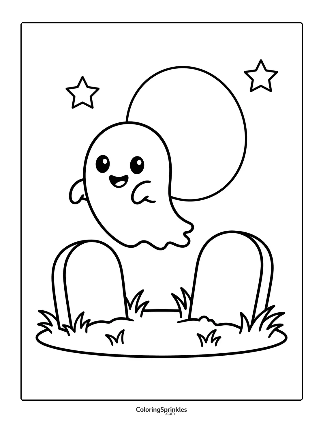 Coloring page of a happy ghost floating over a graveyard with a full moon and stars