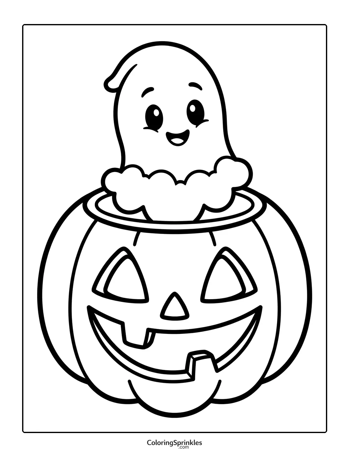 Coloring page of a happy ghost popping out of a jack-o-lantern pumpkin