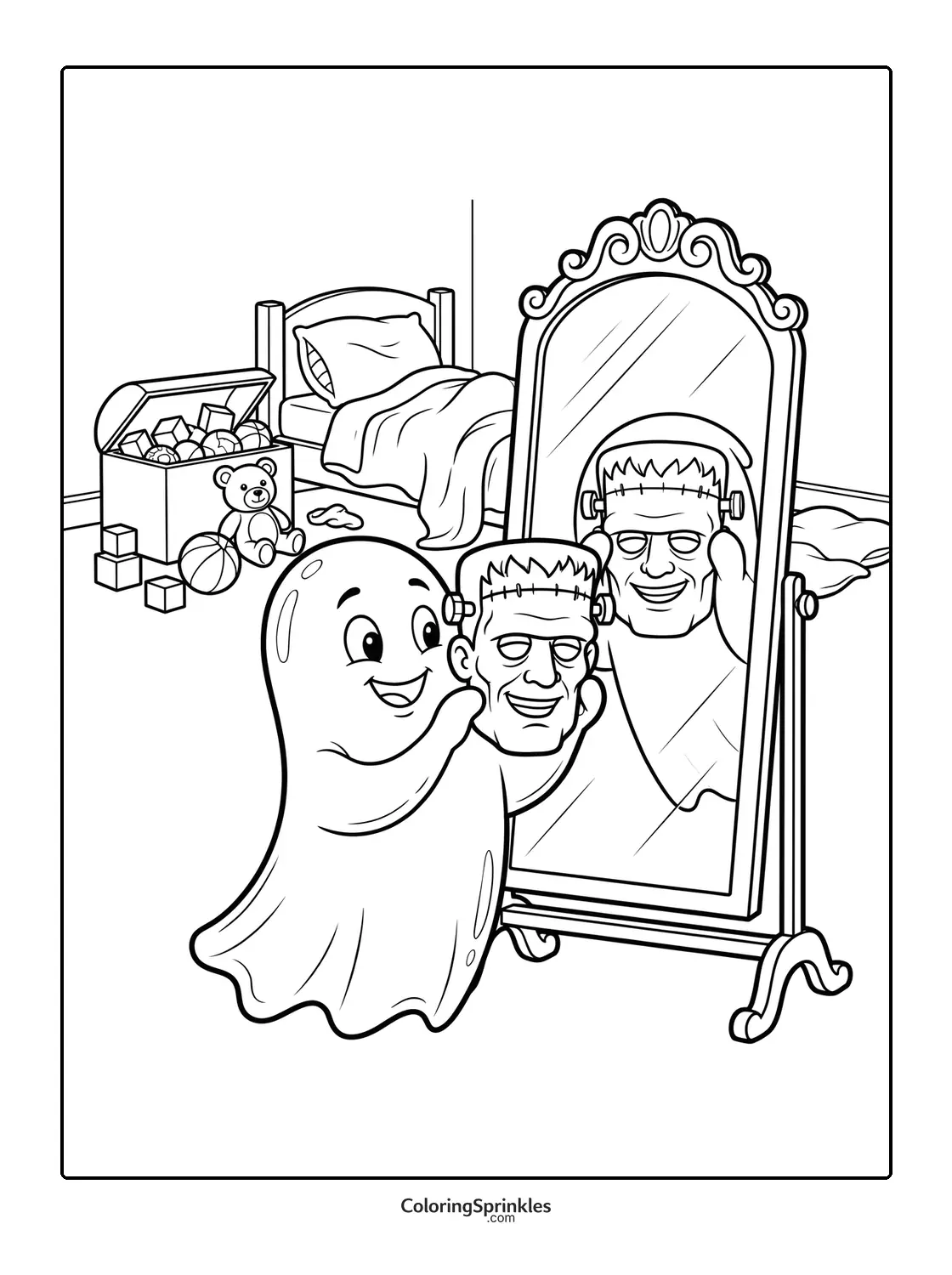 Coloring page of a ghost holding a Frankenstein mask in a bedroom with toys