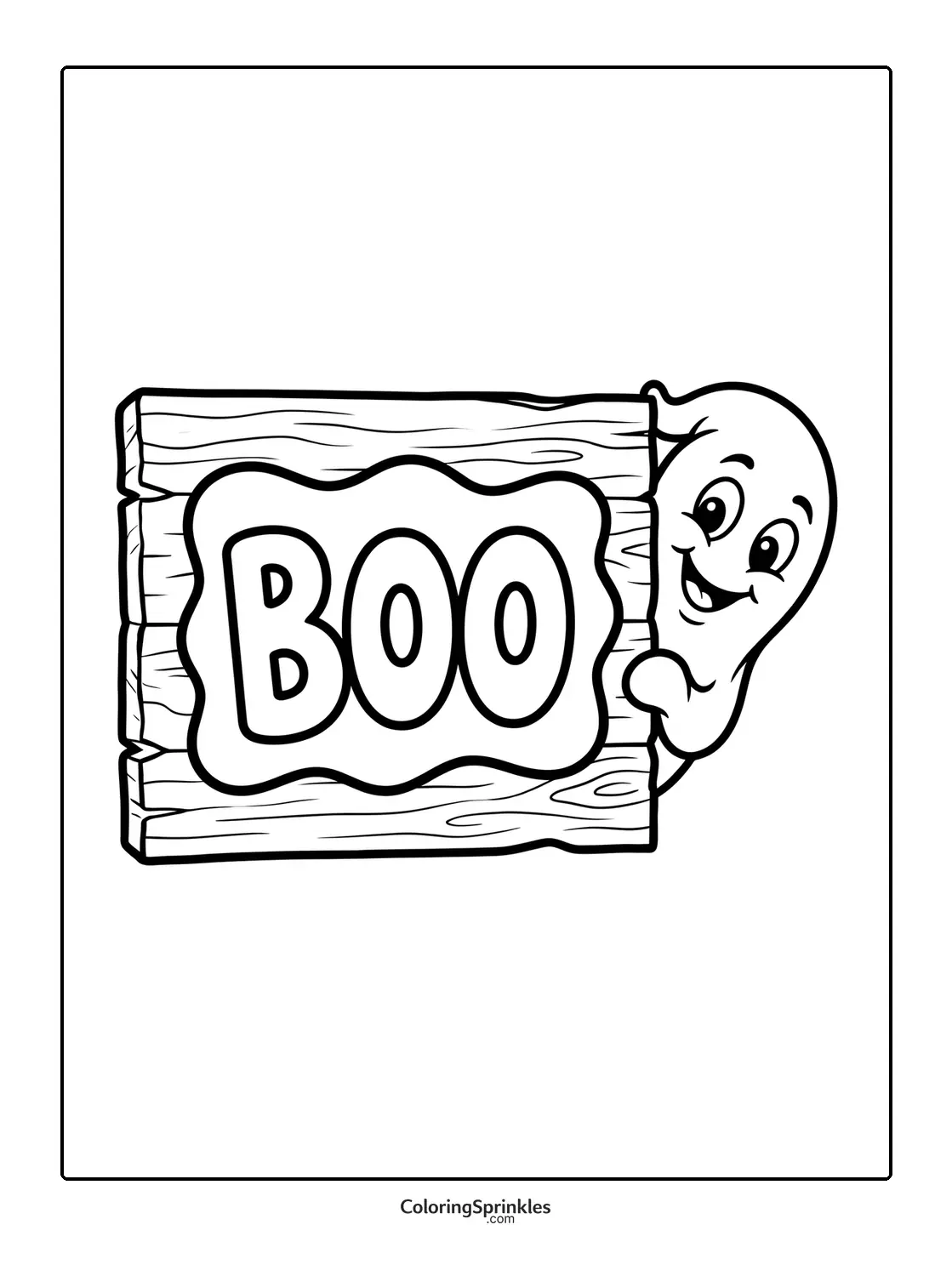 Coloring page of a ghost holding a wooden sign with the word boo