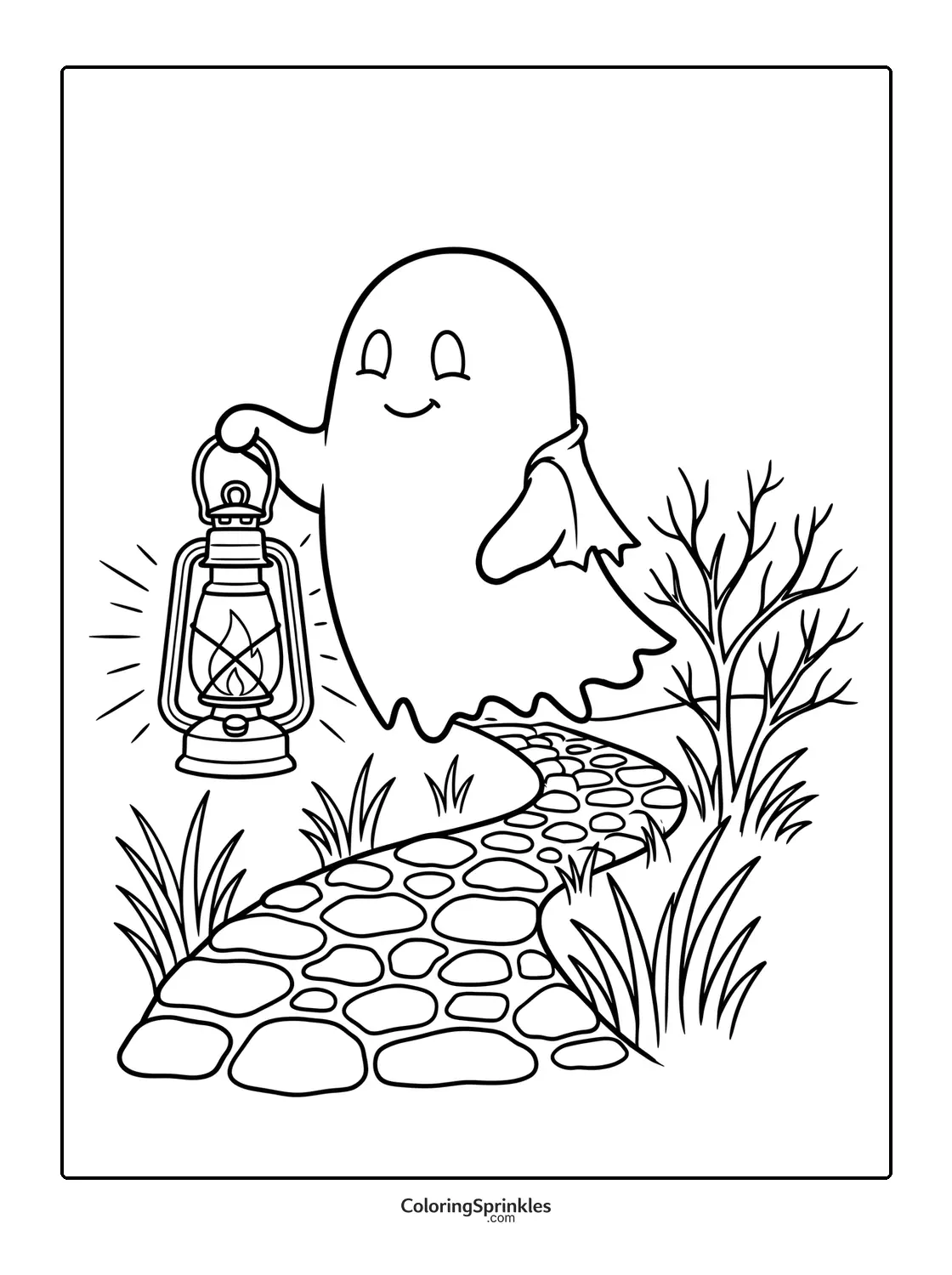 Coloring page of a ghost holding a lantern on a stone path