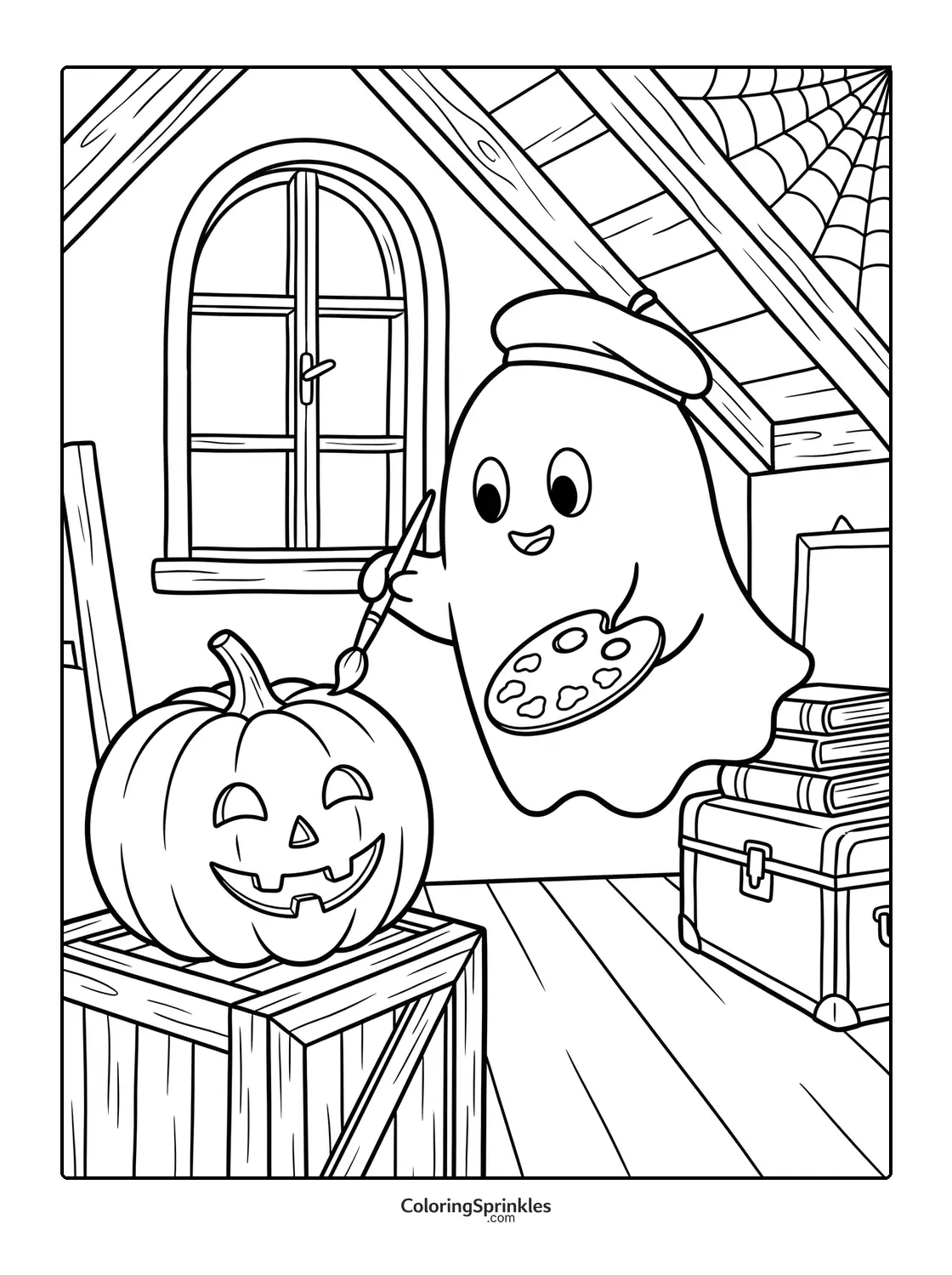 Coloring page of a ghost painting a jack-o-lantern pumpkin in an attic