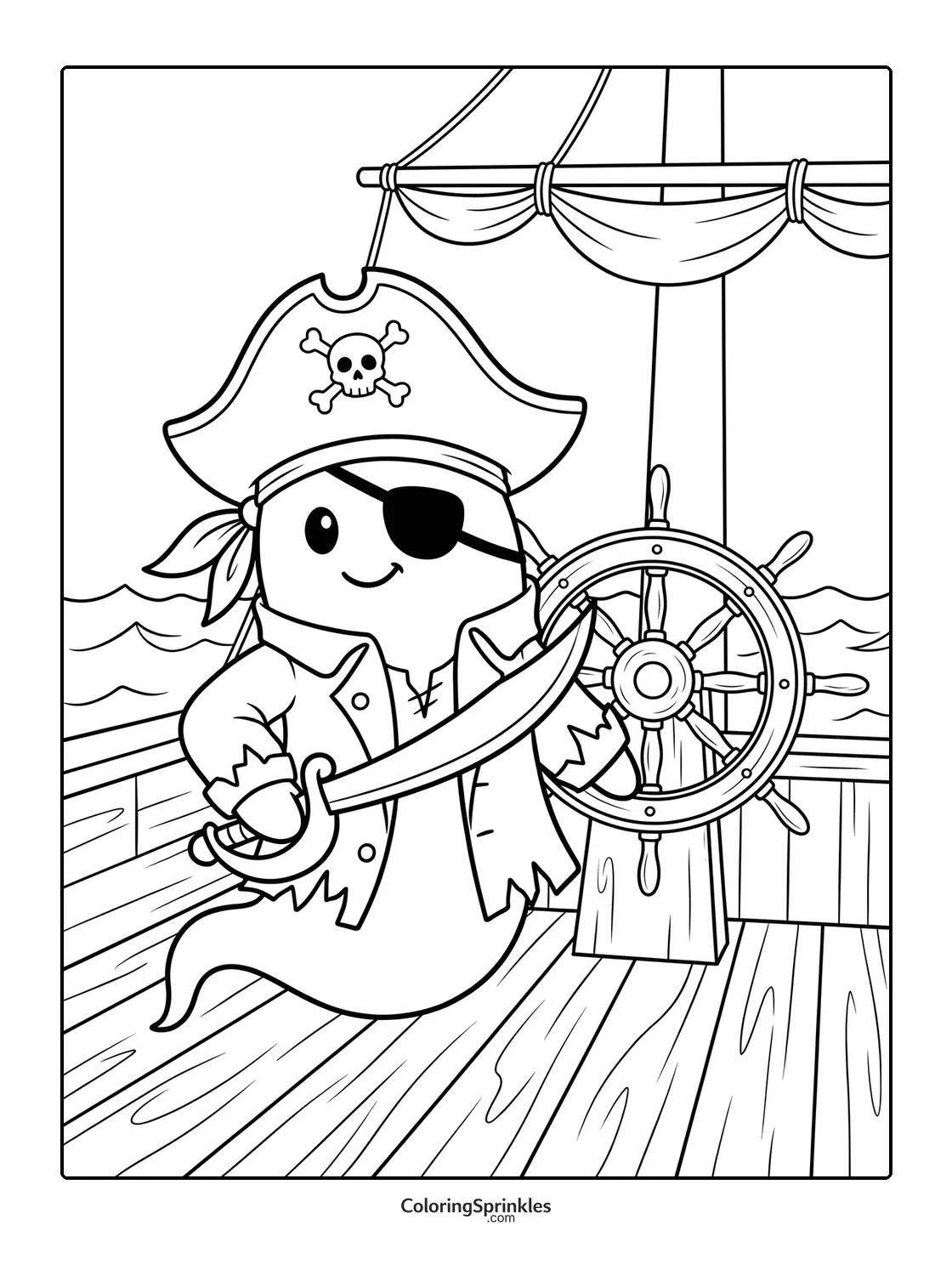 Coloring page of a ghost pirate steering a ship's wheel with a sword