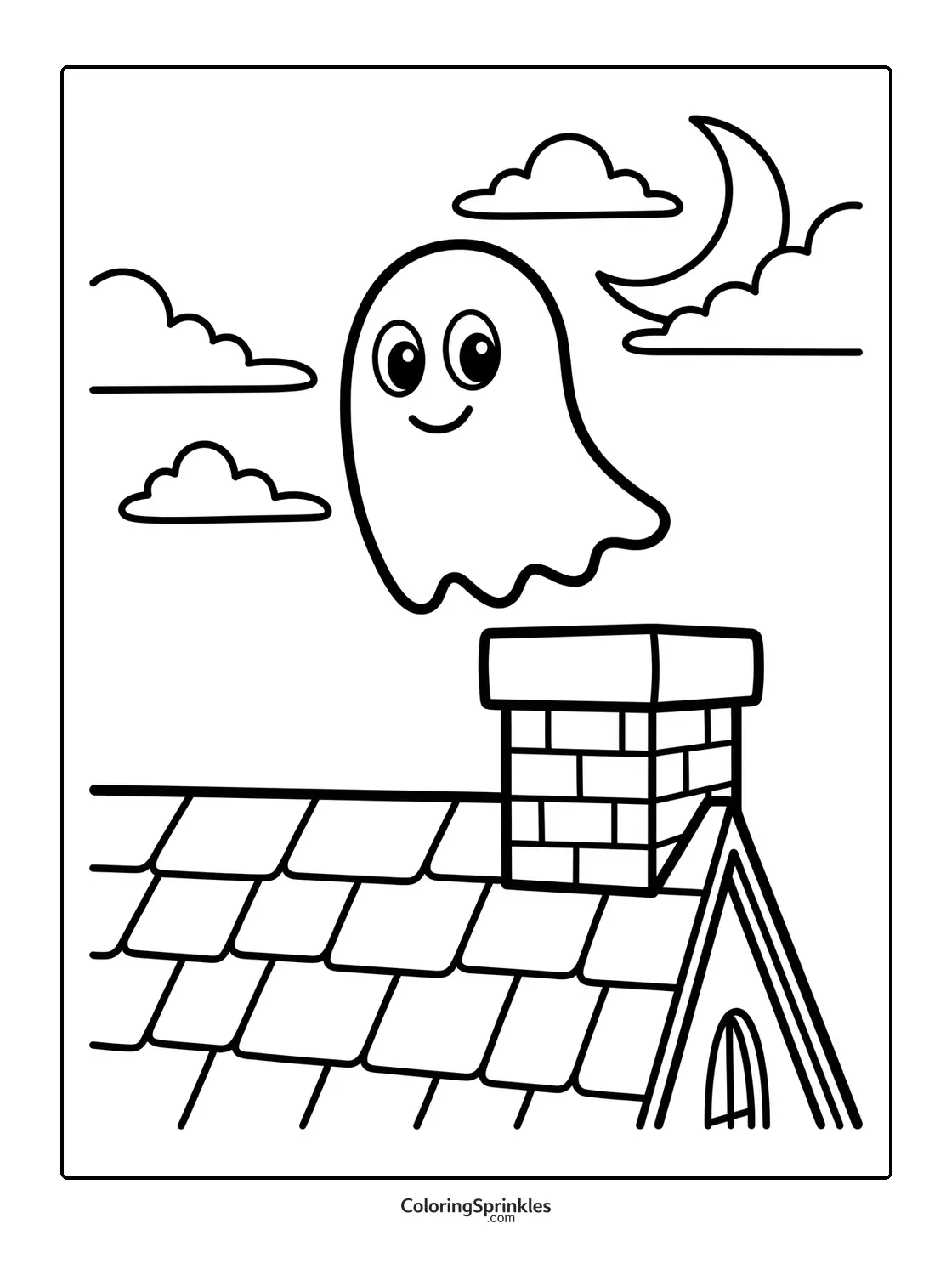 Coloring page of a ghost floating above a roof with a chimney under the moon and clouds