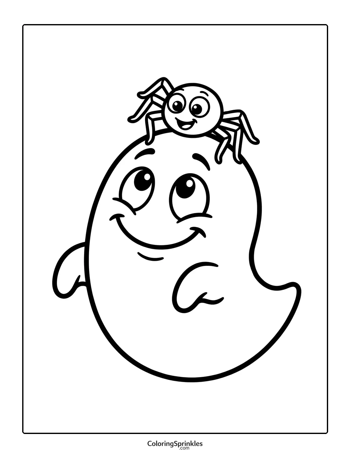 Coloring page of a smiling ghost with a happy spider on its head