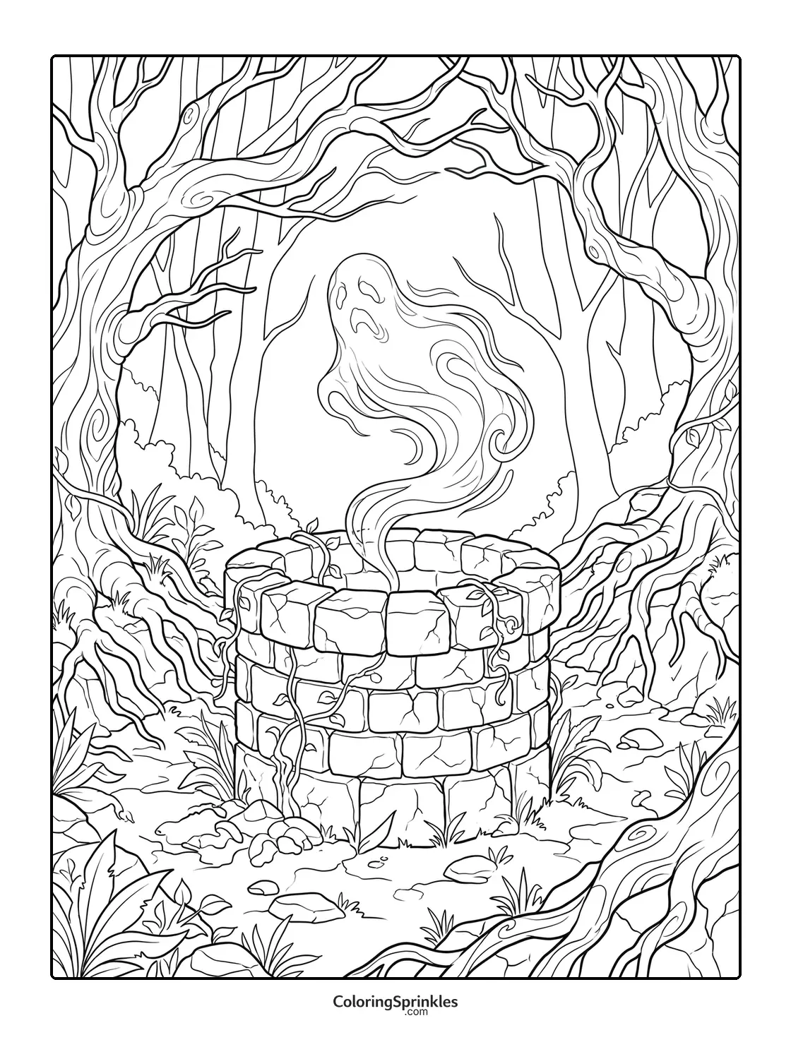 Coloring page of a ghost rising from a stone well in a spooky forest