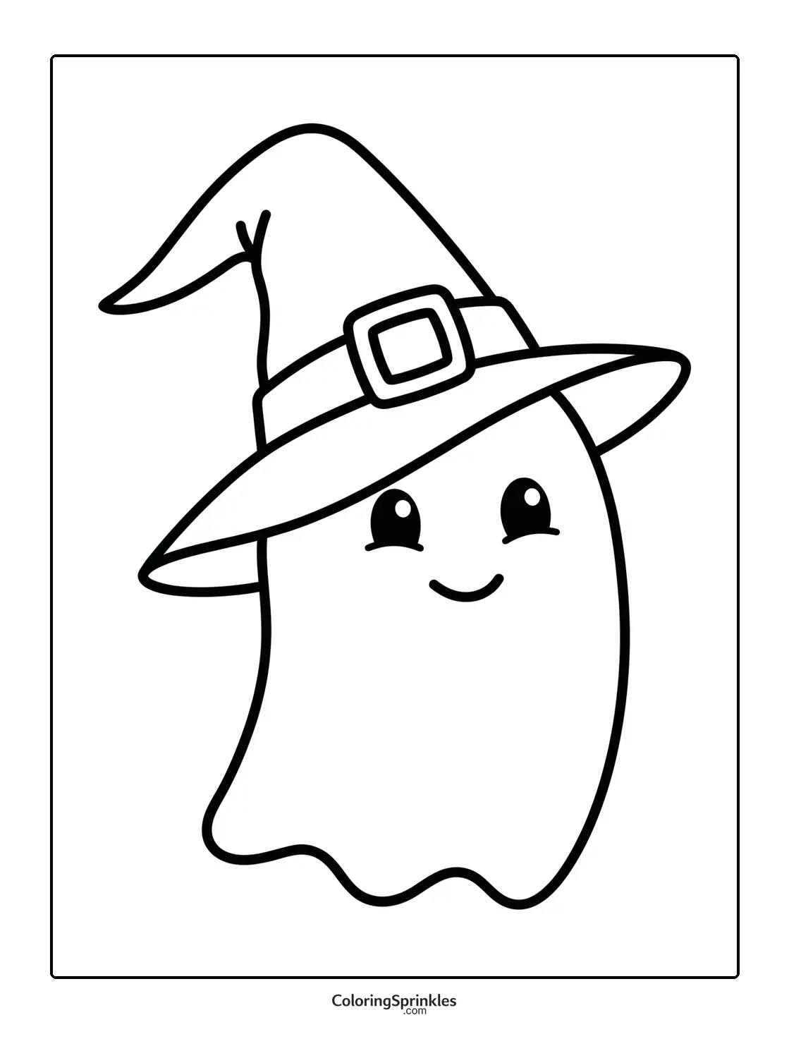 Coloring page of a ghost wearing a witch hat