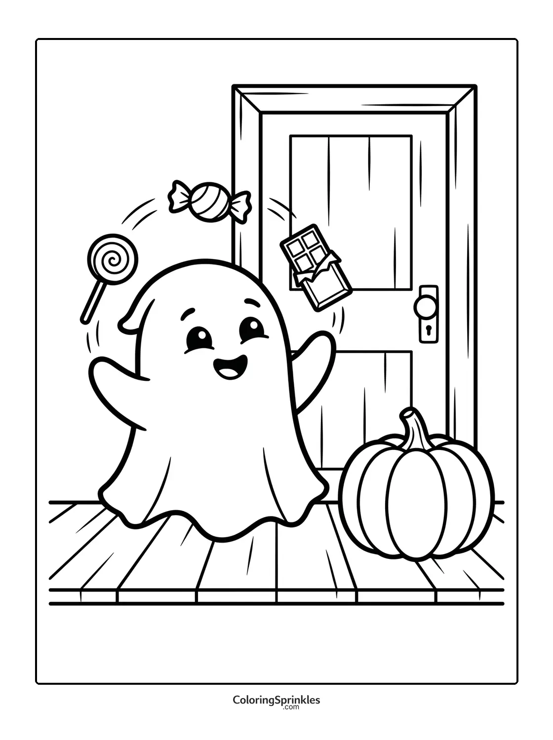 Coloring page of a happy ghost juggling candy near a pumpkin and door