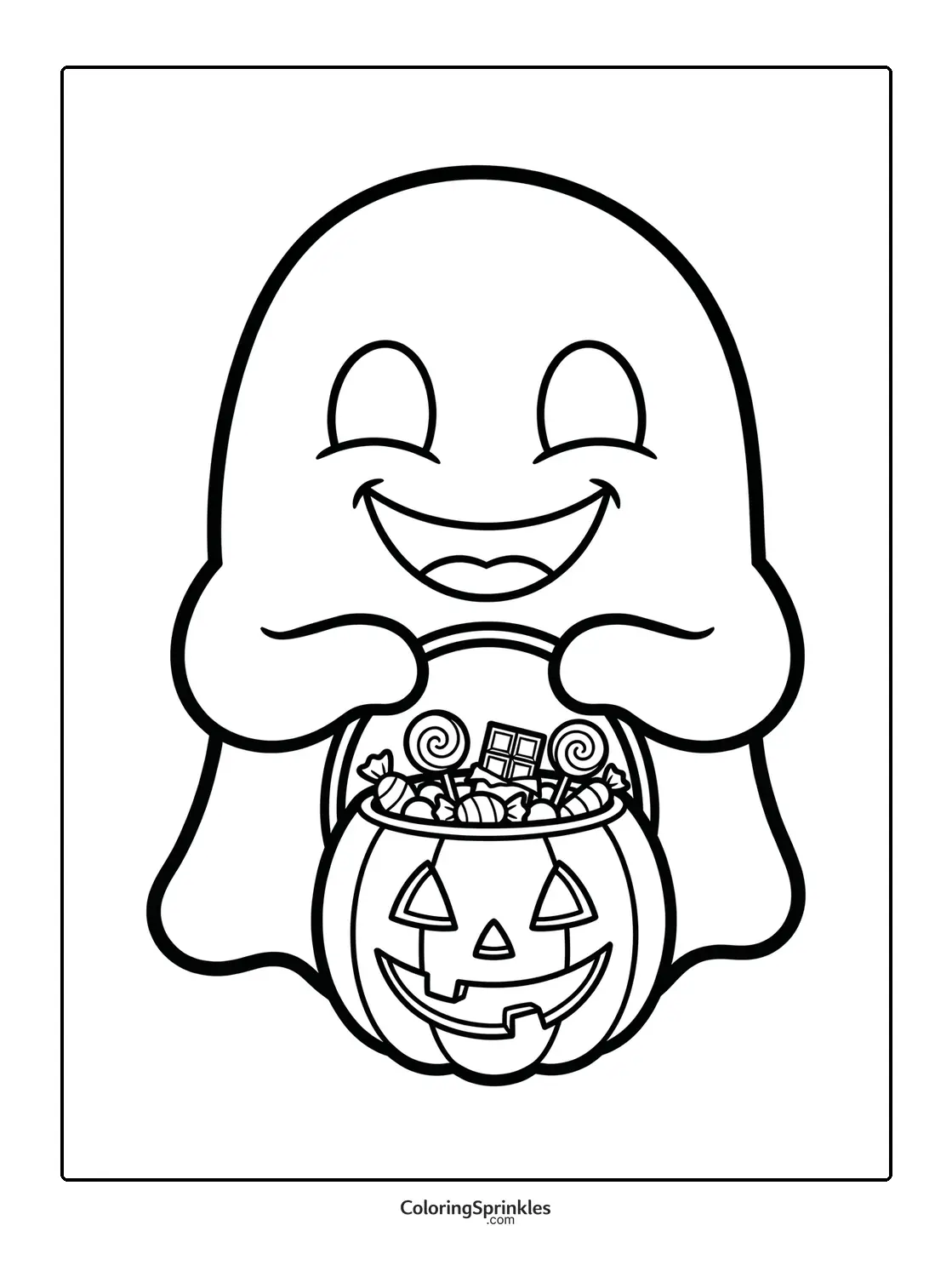 Coloring page of a happy ghost holding a pumpkin basket full of candy