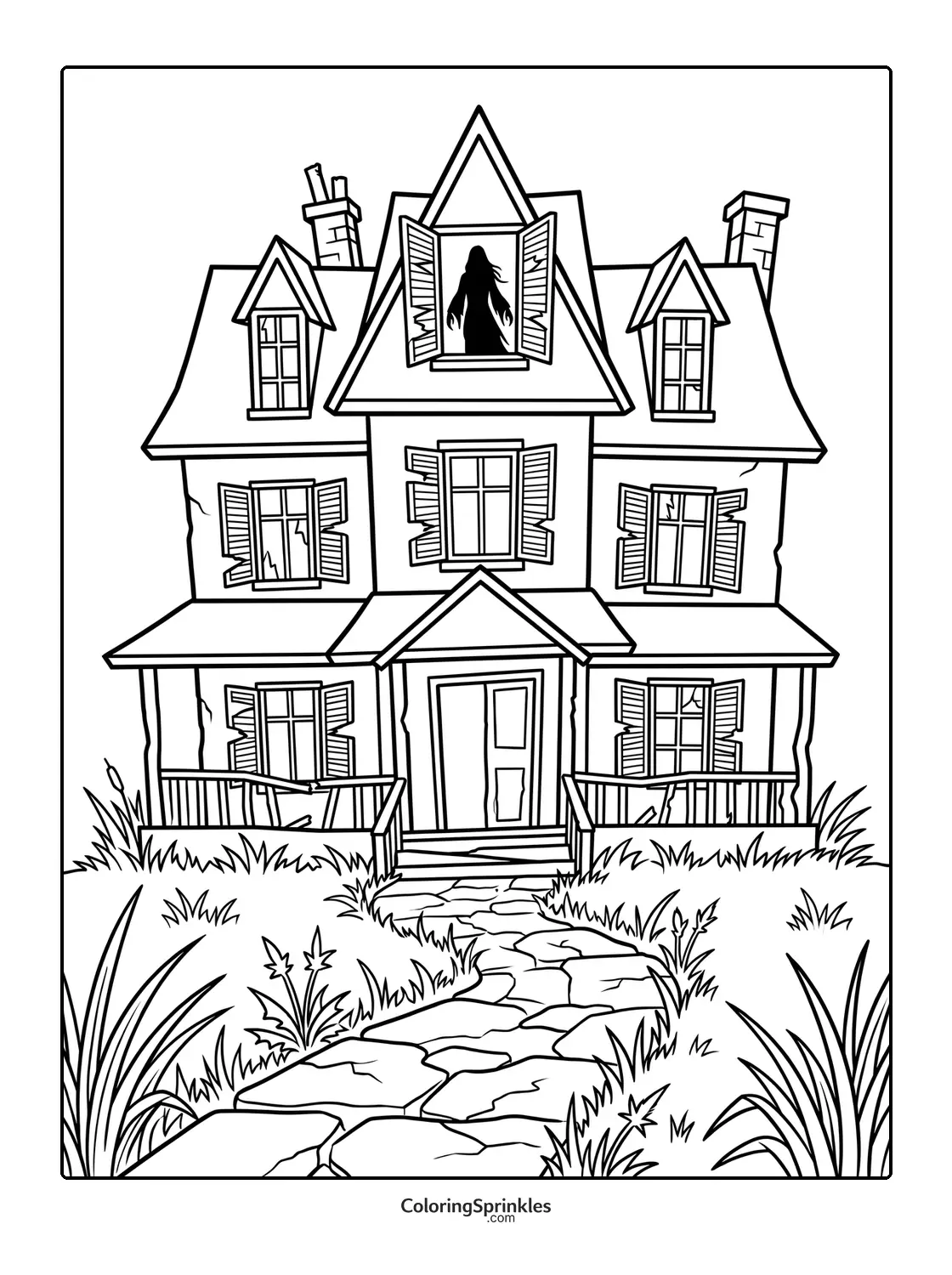 Coloring page of a haunted house with a ghost in the window and a stone path