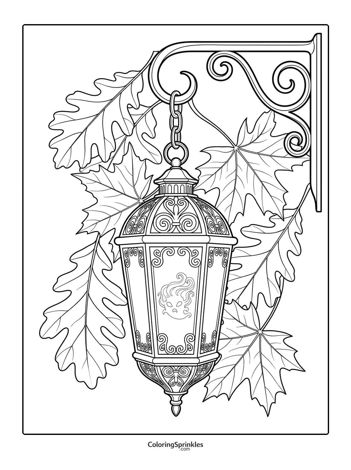Coloring page of an ornate lantern hanging among autumn leaves