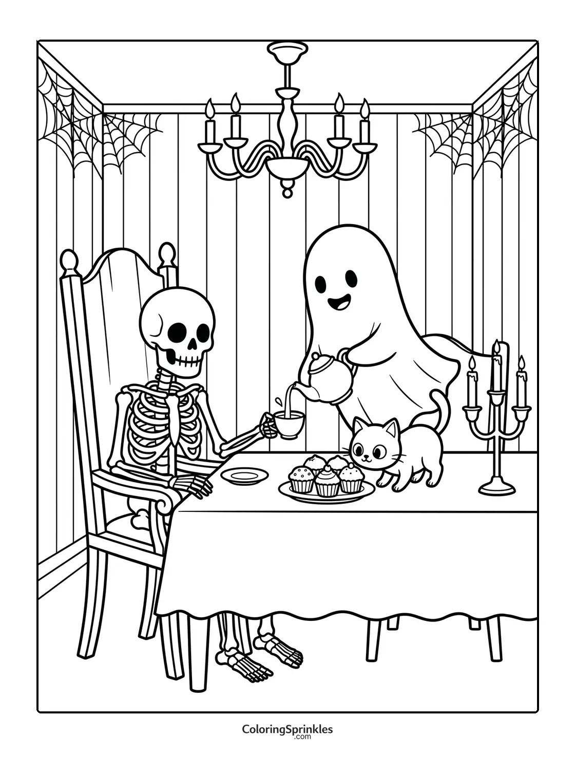 Coloring page of a skeleton and ghost having tea with a cat and cupcakes
