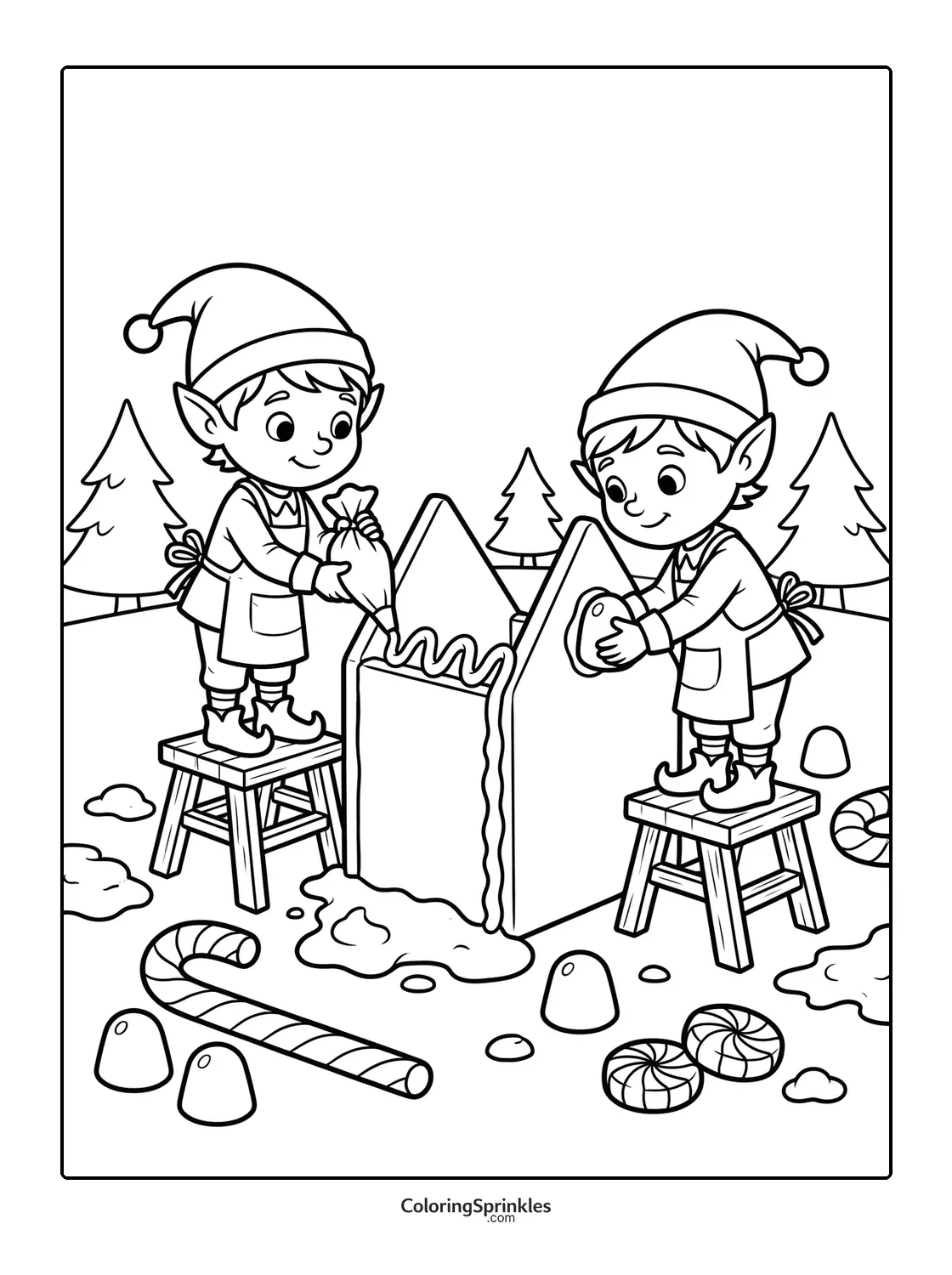 Coloring page of elves decorating a gingerbread house with candy