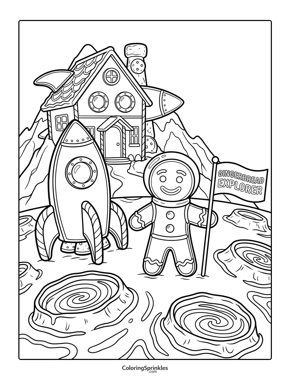 Coloring page of a gingerbread explorer with a rocket and gingerbread house in the mountains